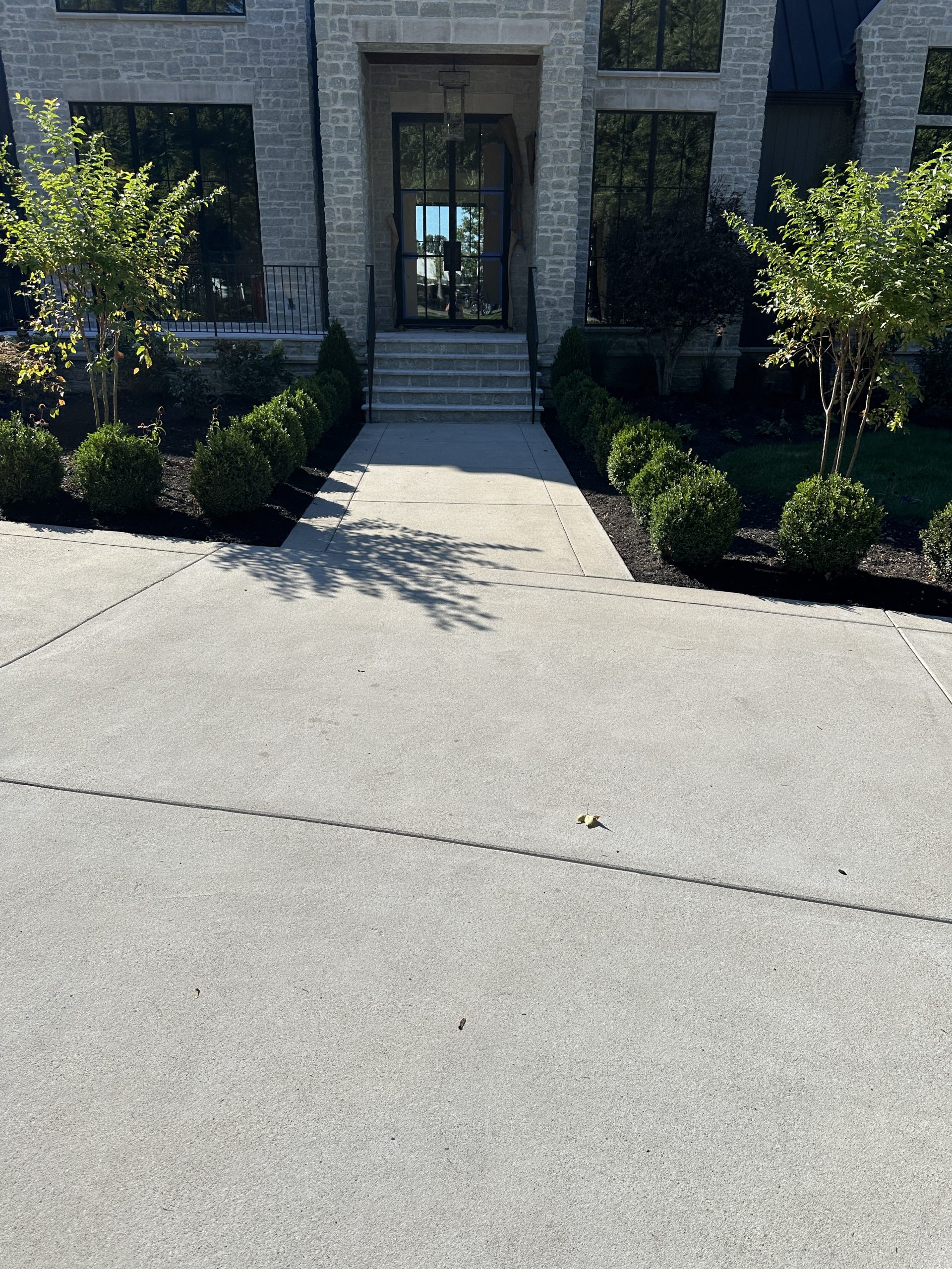 IMG_0671 Concrete walkway to stone entry with glass door and manicured bushes Cody X Pressure Washing