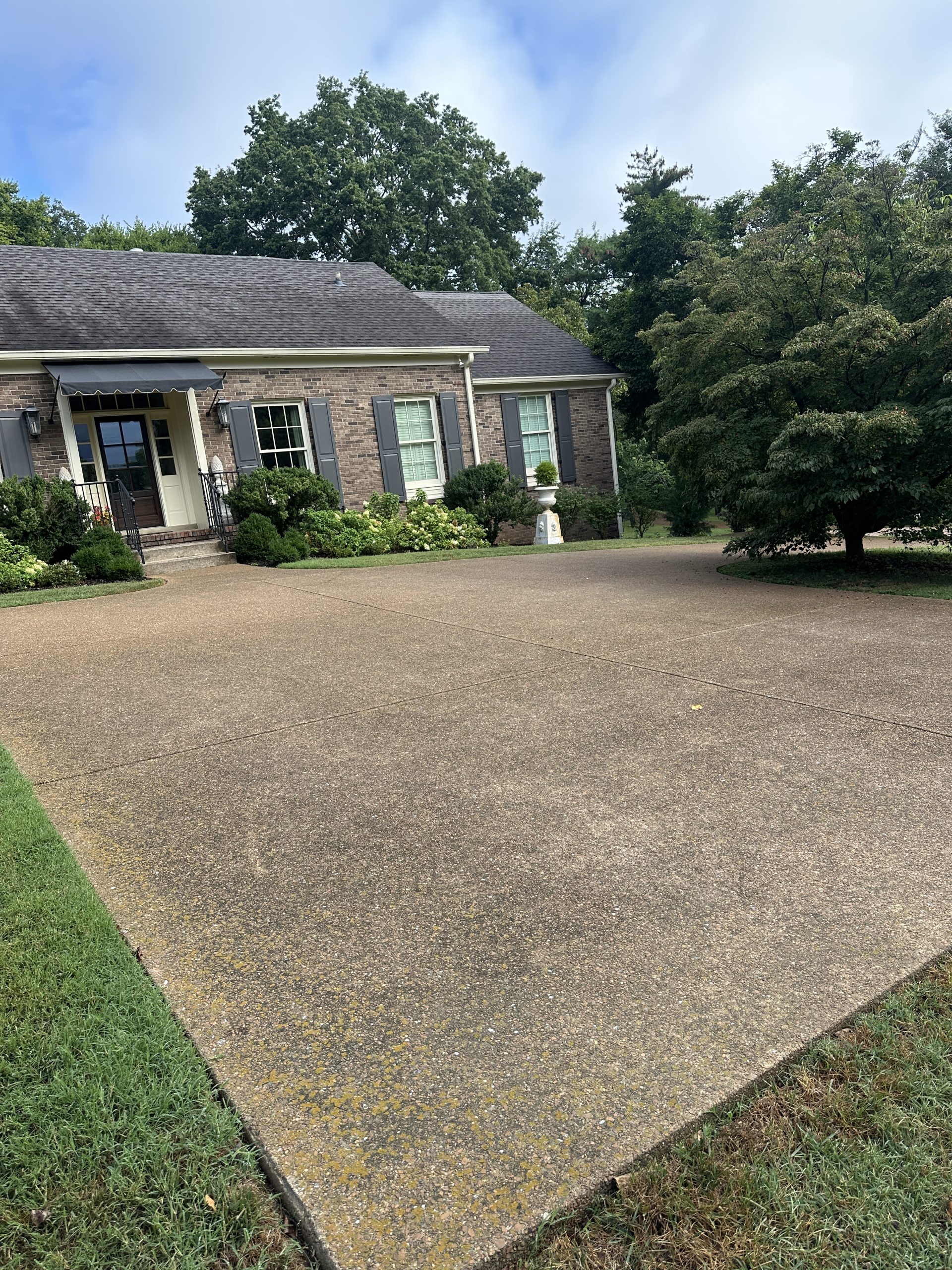 IMG_9917 Cody X: Concrete driveway to brick house with blue shutters, trees, bushes Cody X Pressure Washing