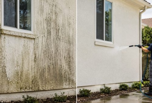 ChatGPT Image May 12, 2026, 01_36_56 PM A man pressure washes a house wall, showing a clean vs dirty contrast. Cody-X service. Cody-X Pressure Washing