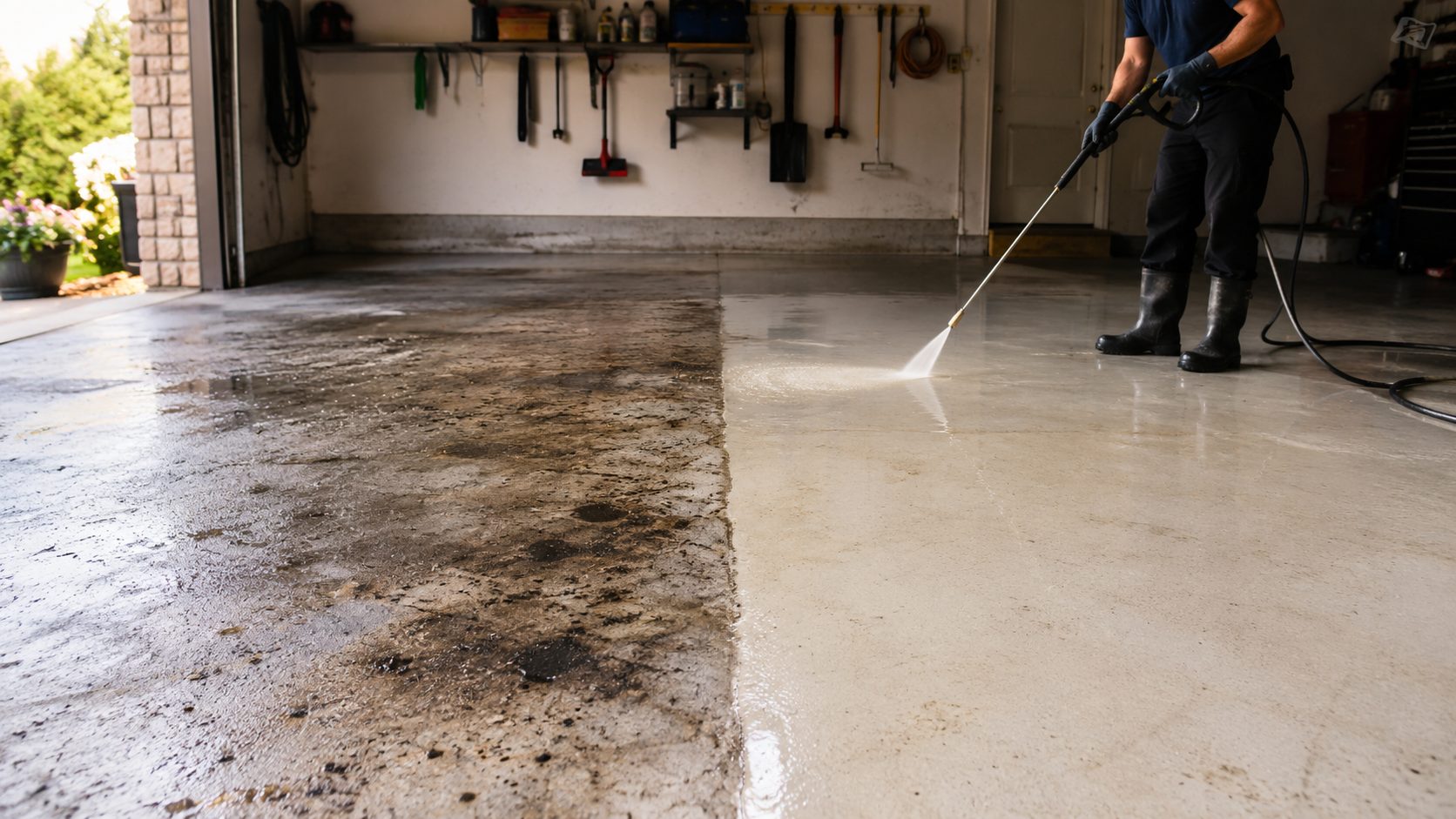 ChatGPT Image May 12, 2026, 01_40_27 PM Cody X cleaning garage floor, showing clear contrast between dirty and clean Cody X Pressure Washing
