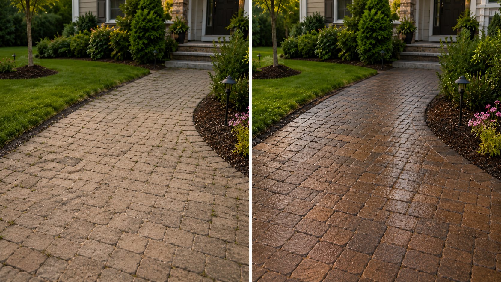ChatGPT Image May 12, 2026, 01_49_56 PM (6) Brick walkway: left side weathered, right side restored and clean Cody X Pressure Washing