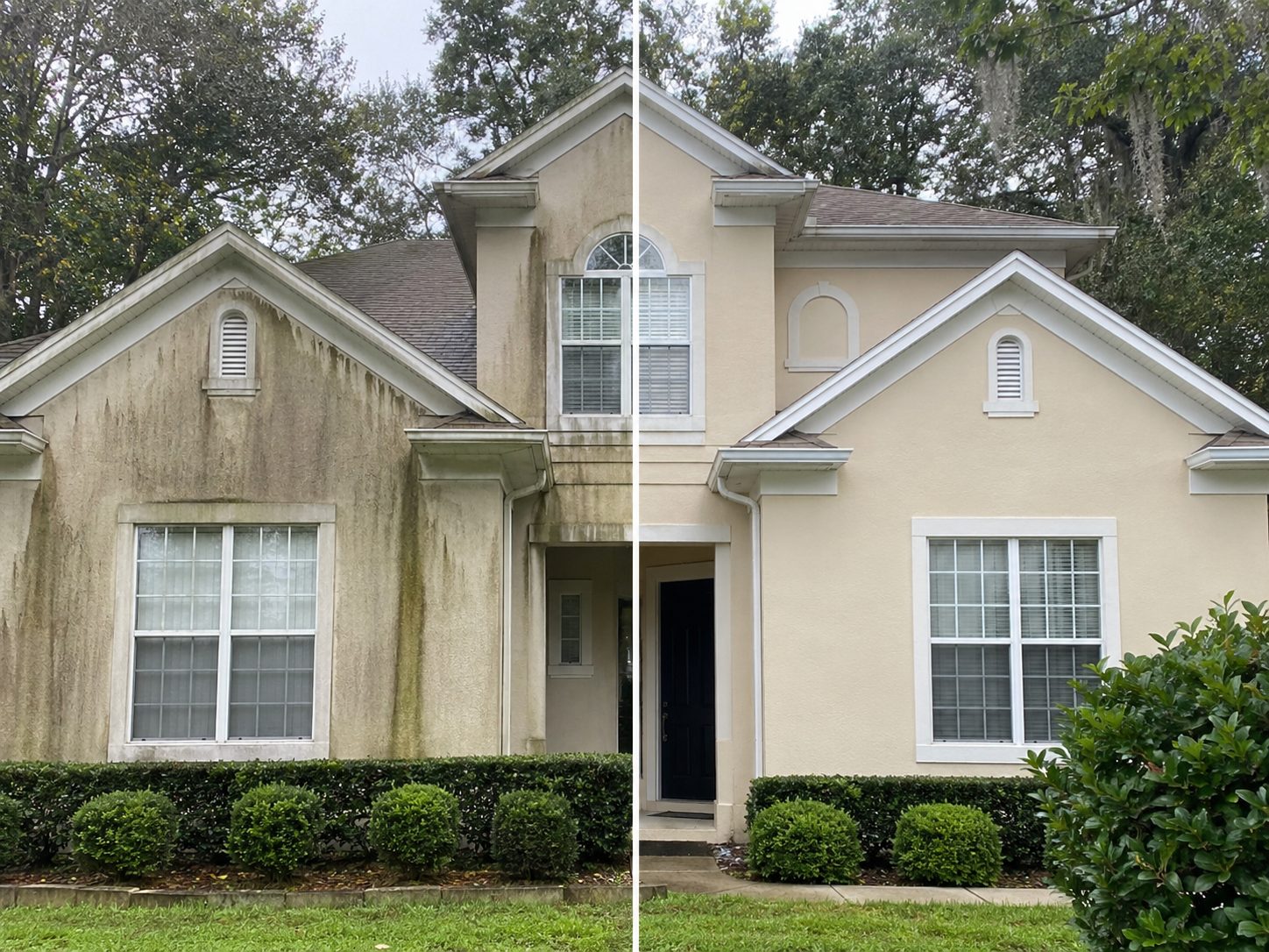 ChatGPT Image May 12, 2026, 02_11_30 PM A house exterior split: left side dirty, right side clean and washed Cody X Pressure Washing