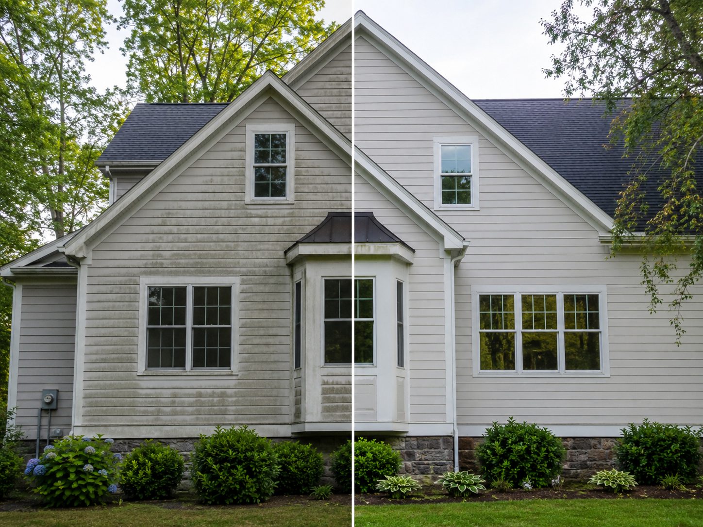 ChatGPT Image May 12, 2026, 02_14_39 PM House exterior split: left side dirty, right side clean after washing Cody X Cody X Pressure Washing