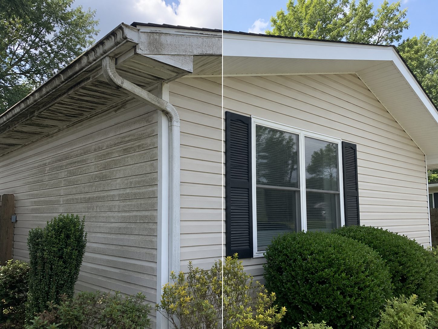 ChatGPT Image May 12, 2026, 02_14_57 PM House exterior split: left side dirty, right side clean from power washing Cody X Pressure Washing