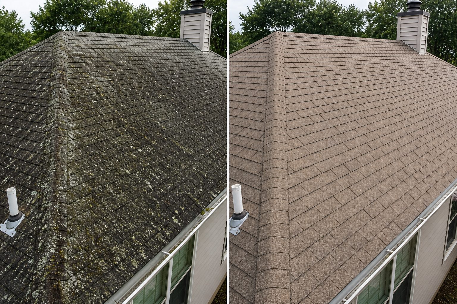 ChatGPT Image May 4, 2026, 02_40_12 PM Split image: house roof dirty on left, clean and new on right Cody X service Cody X Pressure Washing