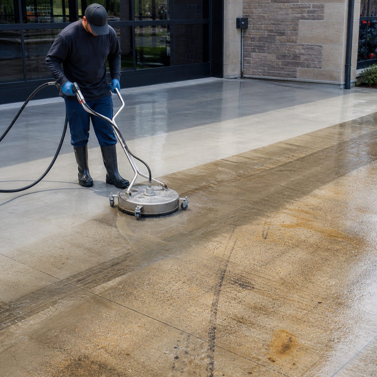 A person pressure washes a large, dirty concrete driveway for Cody X  Cody X Pressure Washing