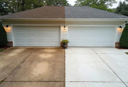 banda-driveway Two-car garage: left side dirty, right side freshly cleaned and bright. Cody-X Pressure Washing