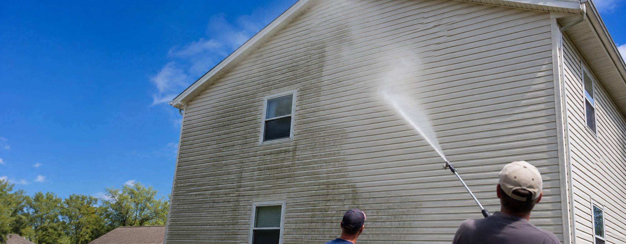 Two people pressure wash a light house for Cody X’s cleaning service  Cody X Pressure Washing