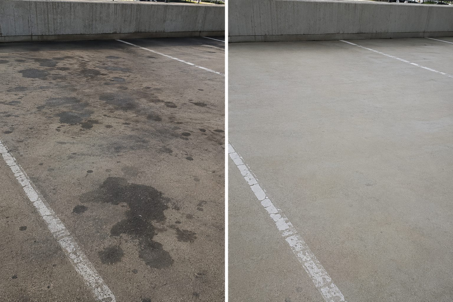 oil-stain-removal Before and after of Nashville parking spot cleaned by Cody X service Cody X Pressure Washing