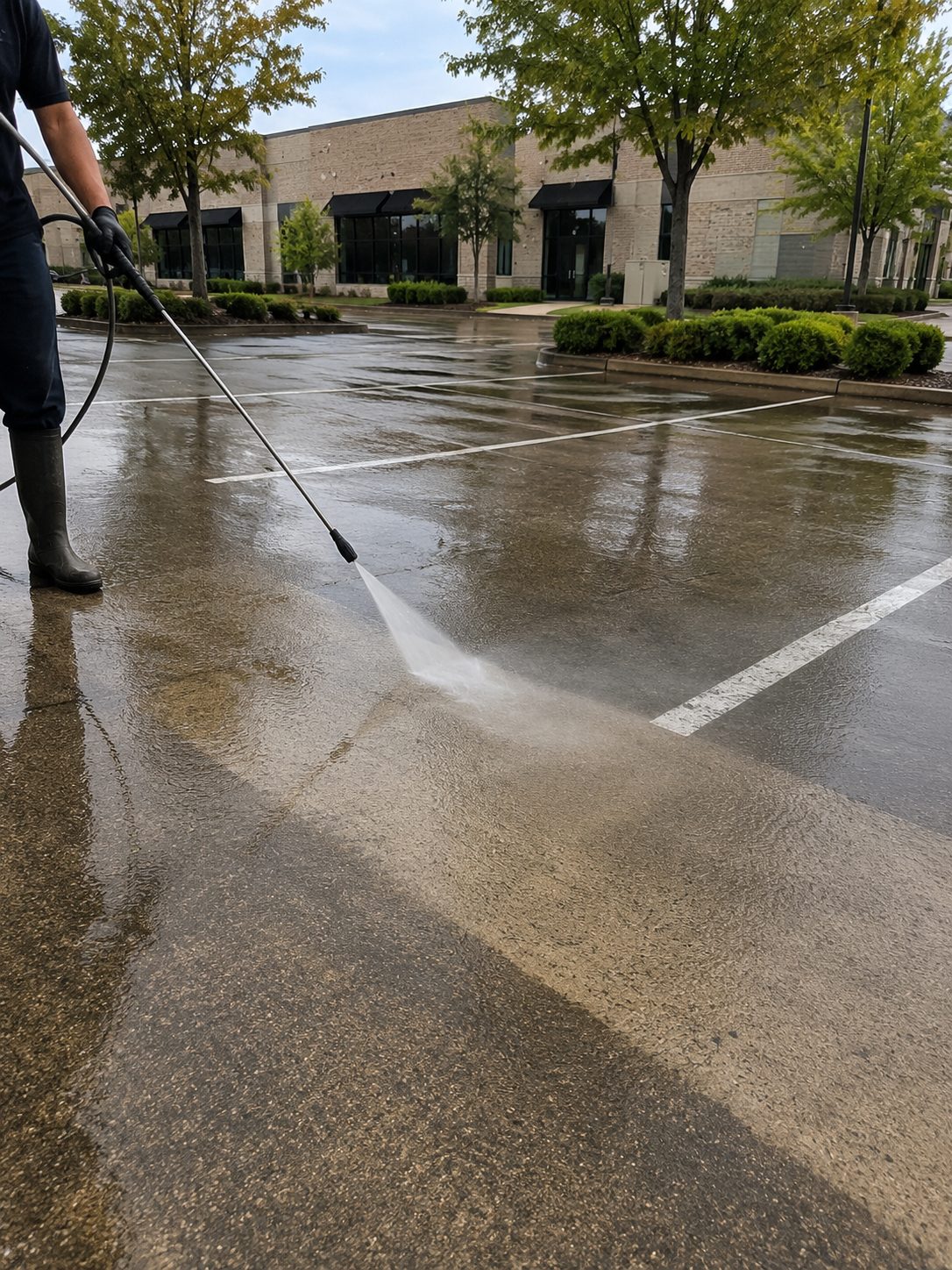parking-lot-pressure-washing Cody X washes a Nashville parking lot, showing clean vs dirty pavement Cody X Pressure Washing