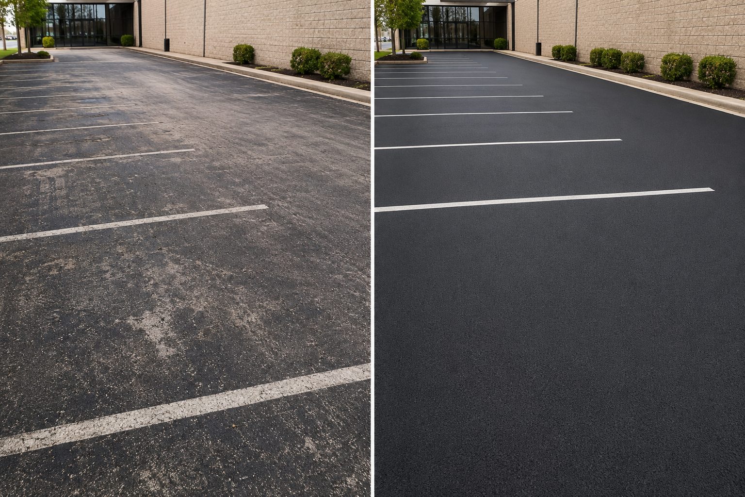 surface-restoration Nashville lot: old, faded asphalt left; clean, bright right after Cody X pressure washing Cody X Pressure Washing