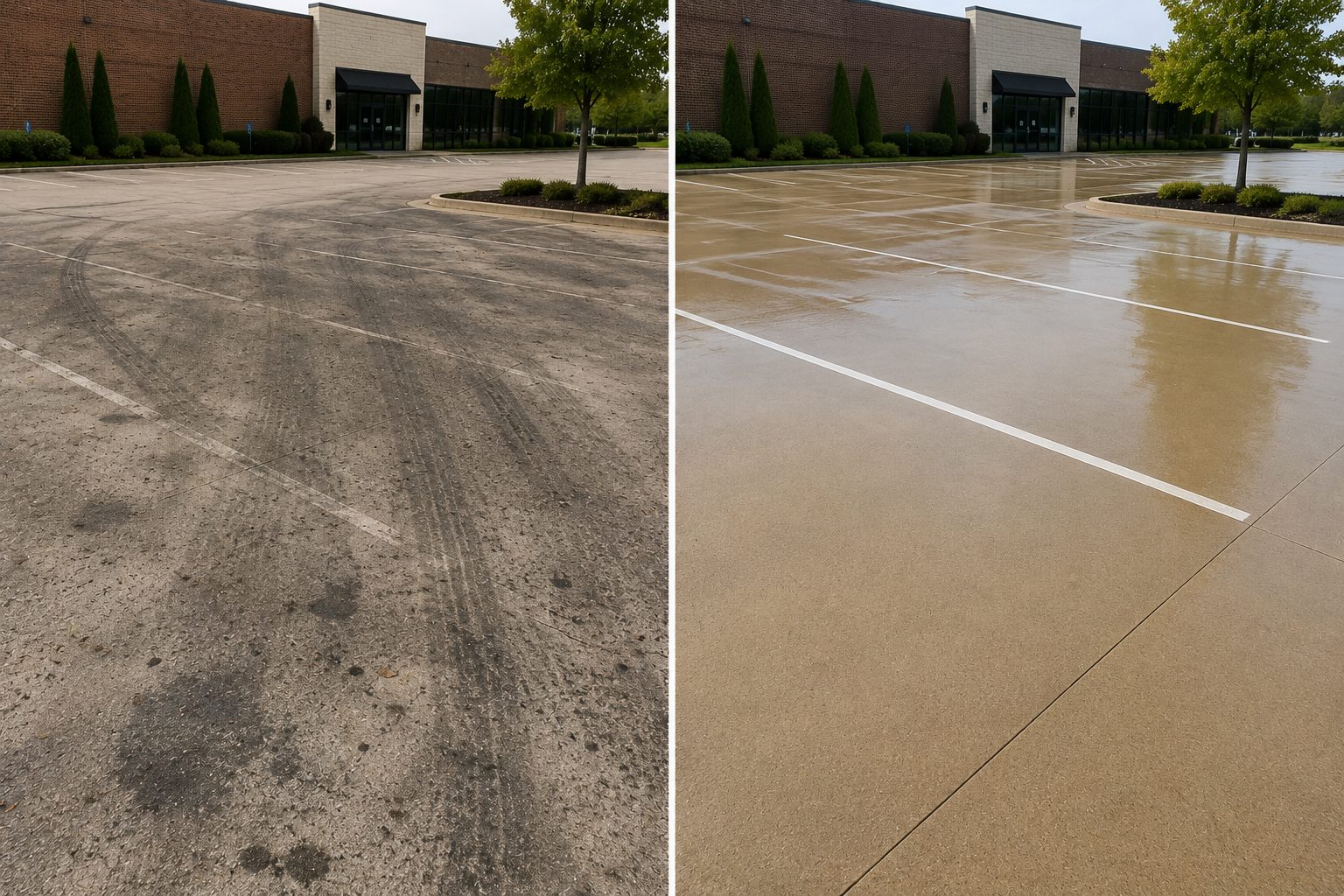tire-marks Before and after of Nashville lot power washing: dirty vs clean pavement Cody X Pressure Washing